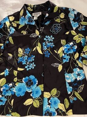 Black Floral Button-Up Top with Blue & Green Blooms